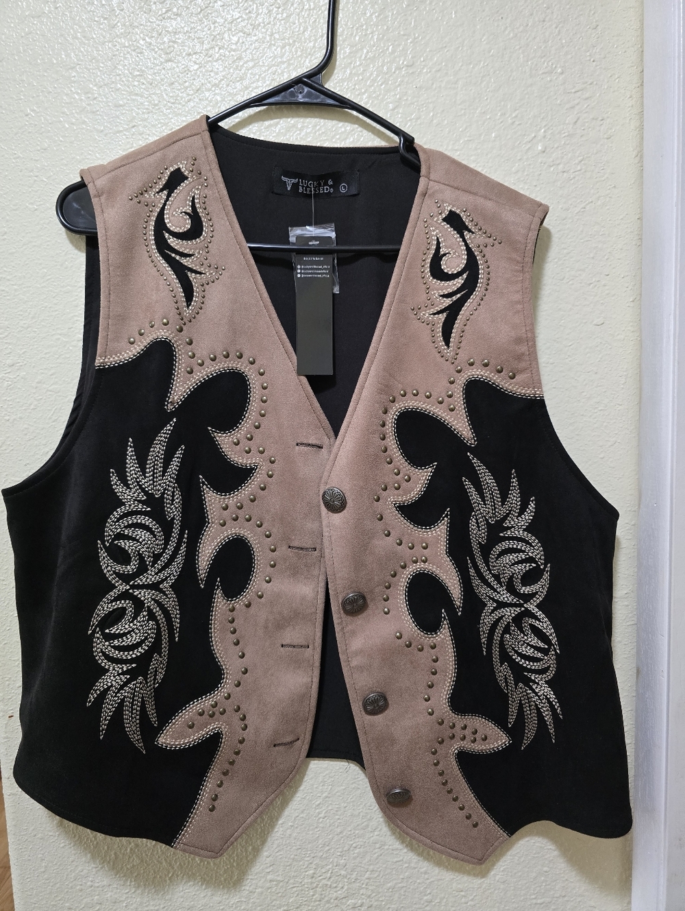 Lucky & Blessed Embroidered Suede Western Vest in Taupe and Black